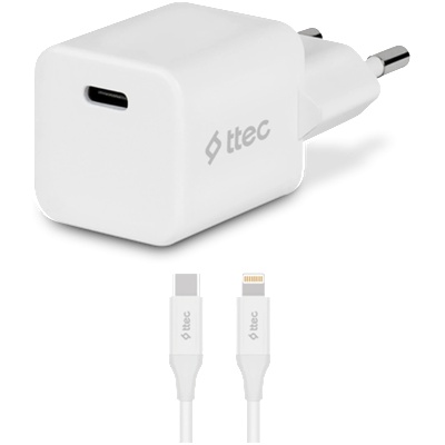 Адаптер 220V ttec SmartCharger 20W PD Travel Fast Charger + USB-C - Lightning Cable 150cm - Бял