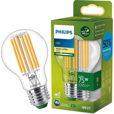 Philips LED žiarovka E27 A60 5,2W = 75W 1095lm 2700K Warm Filament Ultra Efficient
