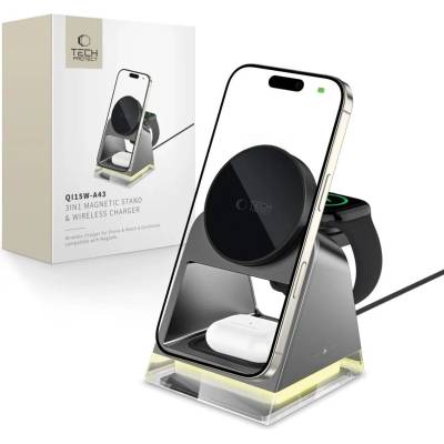 Tech-Protect QI15W-A43 3в1 магнитно MagSafe безжично зарядно, черно (5906302380183)