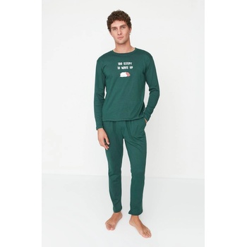 Trendyol Emerald Printed Regular Fit Knitted pánské pyžamo dlouhé zelené