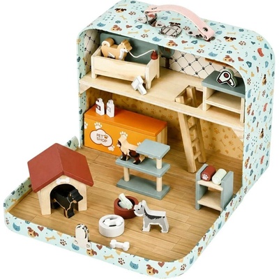 ECOTOYS EF4172 Dvoupatrový zvířecí obchod v kufříku, dřevěná sada, 23 doplňků