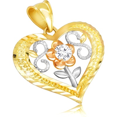 Šperky Eshop Přívěsek ve žlutém zlatě obrys pravidelného srdce květ s čirým zirkonem, ležaté osmičky S2GG225.30