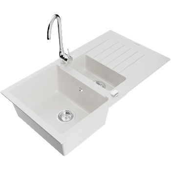 Mexen Matias кухненска мивка от гранит с 1, 5 камера с отцедник и кухненски смесител Telma, бял - 6502-20-670200-00 (6502-20-670200-00)