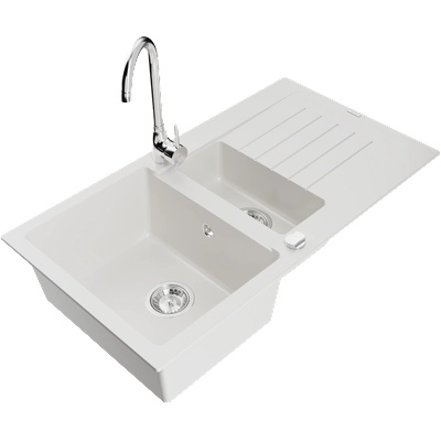 Mexen Matias кухненска мивка от гранит с 1, 5 камера с отцедник и кухненски смесител Telma, бял - 6502-20-670200-00 (6502-20-670200-00)