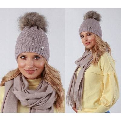 Fashionweek dámská zimní čepice s bambulí flísová podšívka ZIZI-V12 latte