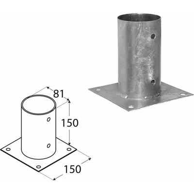 Domax zaskrutkovacia pätka stĺpika so štvorcovou základňou kruhová PSPO 80 - 81 x 150 x 150 x 2.0 mm