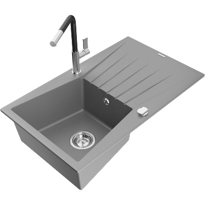 Mexen Cesar кухненска мивка от гранит с 1 отделение с отцедник и кухненски смесител Flora, сив - 6514-71-670401-07 (6514-71-670401-07)