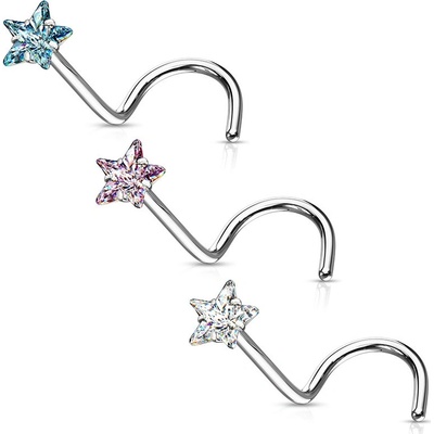 Šperky eshop zahnutý ocelový piercing do nosu stříbrná zirkon hvězdička W30.38 Růžová P