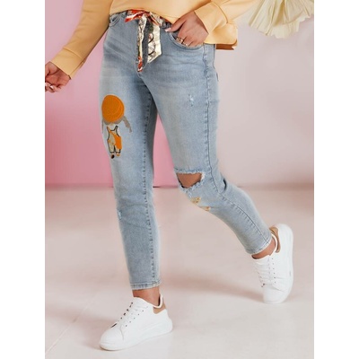 Basic dámské slim fit džíny s oděrkami a nášivkami girlhood uy2484 Světle modré