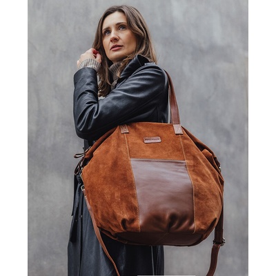 Mazzini Hnedá semišová kožená shopper taška s vreckami It bag MARCO