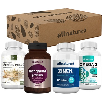 Allnature Vitamínový balíček pro dědečka a babičku Ženšen pravý bylinný extrakt 60 kapslí + Menopauza premium 60 kapslí + Zinek 25 mg 60 tablet + Omega 3 60 kapslí