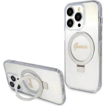 GUESS Кейс Guess Ring Stand Script Glitter MagSafe за iPhone 15 Pro, прозрачен (3666339156626)