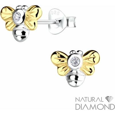 Nefertitis 22616 Stříbrné náušnice pecky Zlatá včela s přírodním diamantem NF64664 8 mm, 0,8 g