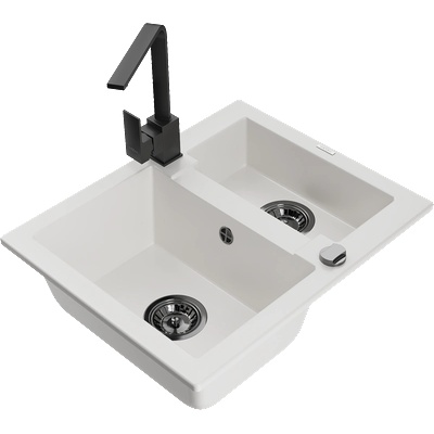 Mexen Carlos гранитна мивка 1, 5 камерна с кухненски смесител Rita, бял - 6518-20-670300-70 (6518-20-670300-70)