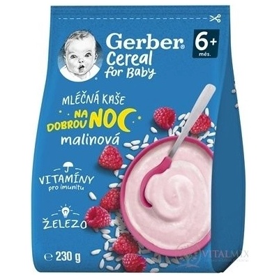 GERBER Cereal mléčná kaše malinová Dobrou noc 230 g – Sleviste.cz