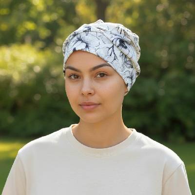 Ebbie bavlněný turban-lotus-bez kamínkového loga PIVOŇKY ČERNOBÍLÉ