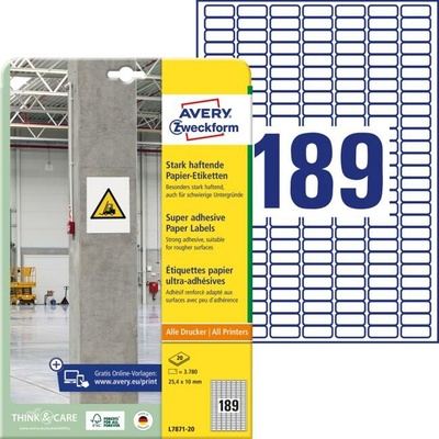 Etikety univerzálne 25,4x10mm Avery A4, silne lepivé 20 hárkov