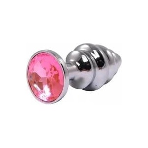 Fantasy by Cottelli Silver medium ribbed butt plug with pink crystal
