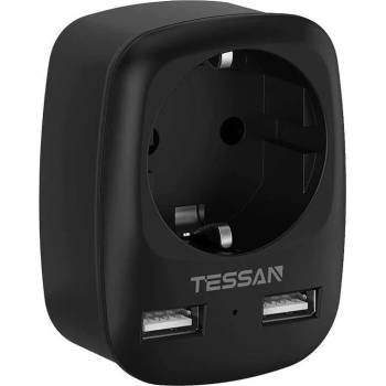 Tessan Travel Wall Socket TS-611-DE - разклонител с 1хAC изхода и вградени 2хUSB-A изхода за мобилни устройства (черен)