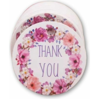 Visačky okrúhle, kvetinkové – s nápisom THANK YOU, 10 ks