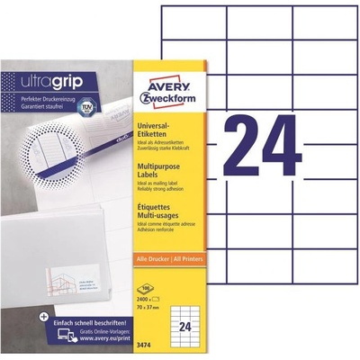 Avery-Zweckform 3474 70 x 37 mm papier biela 2400 ks trvalé univerzálne etikety atrament, laser, kópie; 3474