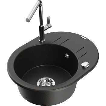 Mexen Kevin гранитна мивка с 1 отделение с отцедник и кухненски смесител Flora, черен/златист металик - 6517-75-670401-00 (6517-75-670401-00)