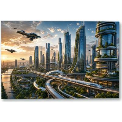 Plakát – Futuristické město s létající dopravou Bez rámu Ano Bez rámu 135 × 90 cm