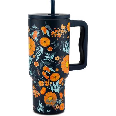 Nava nerezový termohrnek s uchem a brčkem We Care Dark Blue Floral 900 ml