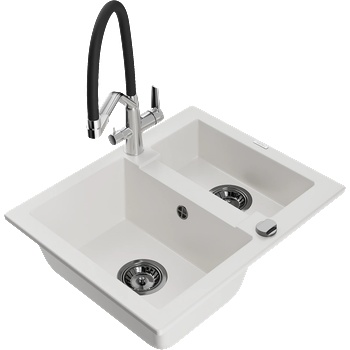 Mexen Carlos гранитна мивка с 1, 5 отделения с кухненски смесител Duo, бяла (6518-20-671701-07-B)