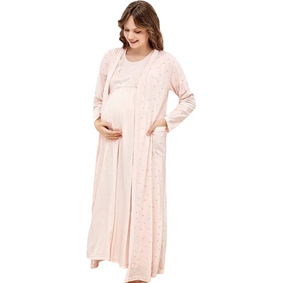 Розов комплект за бременни халат и нощница със сърца