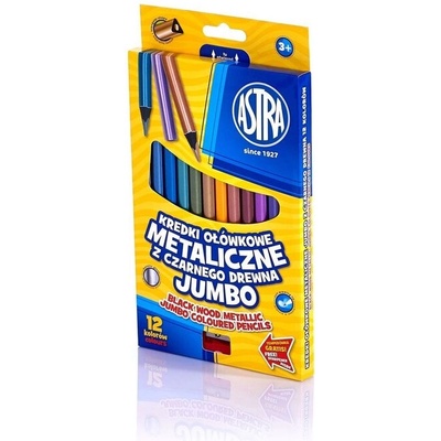 Astra Джъмбо метални триъгълни цветни моливи, черна дървесина 12 цвята + острилка (as312114003)