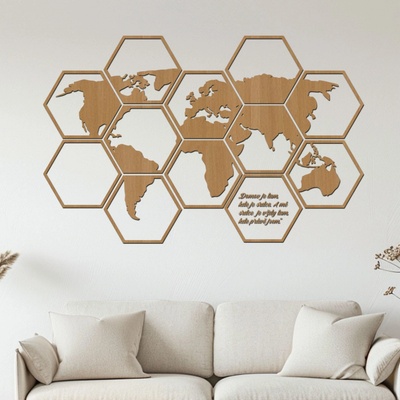 dřevo života Dřevěná mapa světa Hexagon Zvolte barvu dekoru: Buk, Rozměry (cm): 147x95