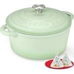 Overmont roasting pan enamel cast iron pot - casserole dish 24cm oven-safe - with lid and cookbook - for kitchen baking stewing roasting pastel green - 24CM-Enamel-Bean (24CM-Enamel-Bean)