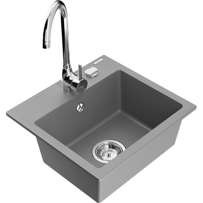 Mexen Milo кухненска мивка от гранит с 1 камера с кухненски смесител Telma, сив - 6505-71-670200-00 (6505-71-670200-00)
