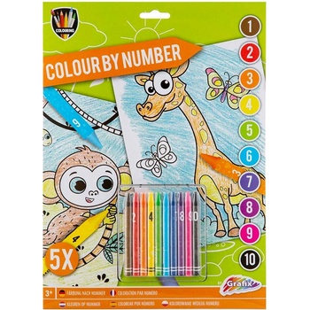 GRAFIX Malování podle čísel 5ks listů A4 zvířátka + voskovky