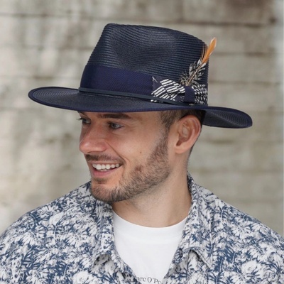 Krumlovanka letní klobouk Fedora Ba-30245364-262 s aplikací peří a s regulací tmavěmodrý