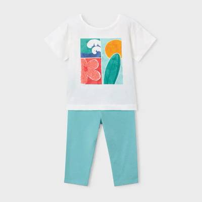 Mayoral Комплект клин къс синьозелен и бяла тениска за мини момиче Mayoral