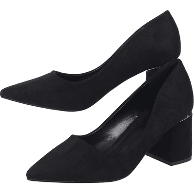 Дамски велурени обувки в черно с висок ток и златист елемент