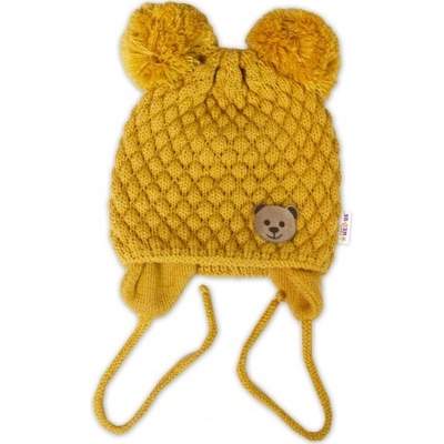 Baby Nellys Zimní pletená čepice Teddy Bear na zavazování hořčicová