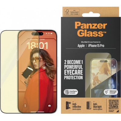 Panzer Стъклен протектор PanzerGlass за Apple iPhone 15 Pro , UWF с рамка за инсталация, Antireflective, Antiblue light, Черен
