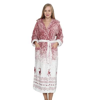 Дълъг макси коледен халат в бяло и пепел от рози с елени