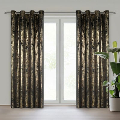 Eurofirany Záves 140x250 cm zamatový čierno zlatý na kovové krúžky RENIA
