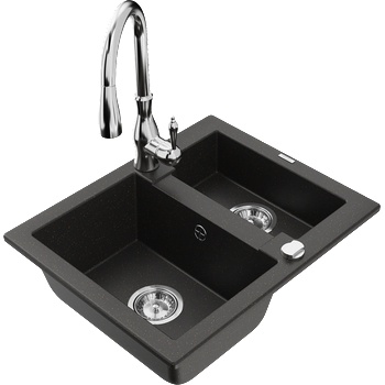 Mexen Carlos гранитна мивка с 1, 5 камери с кухненски смесител Savita, черен/златен металик - 6518-75-672601-00 (6518-75-672601-00)