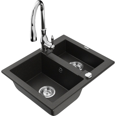 Mexen Carlos гранитна мивка с 1, 5 камери с кухненски смесител Savita, черен/златен металик - 6518-75-672601-00 (6518-75-672601-00)