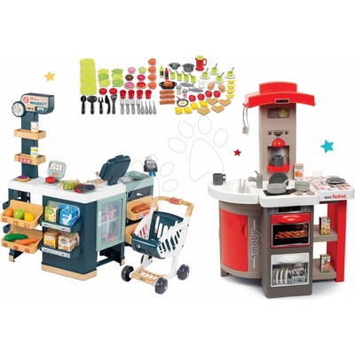Smoby Set kuchynka skladacia elektronická Tefal Opencook červená s kávovarom a chladničkou a obchod Maxi Market elektronicky a 100 potravín