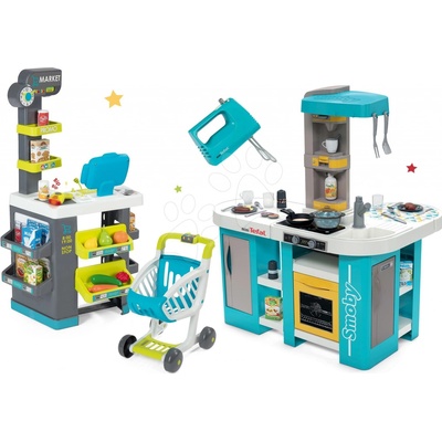 Smoby Set kuchyňka elektronická Tefal Studio 360° XL Bubble a obchod s potravinami Market a mixérem