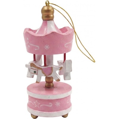 Clayre & Eef Set 6ks růžová vánoční dřevěná ozdoba kolotoč s koníky - 6*1*18 cm