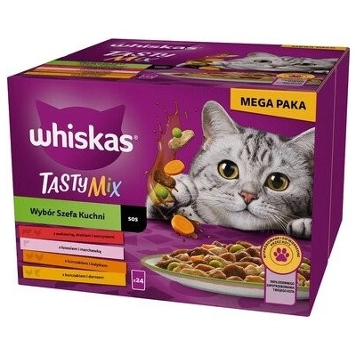 Whiskas Adult Tasty Mix s hovězím, lososem, kuřecím a krůtím masem, kuřecím masem a treskou v omáčce 48 x 85 g