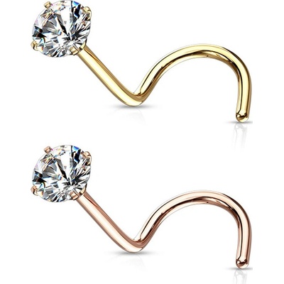 Šperky eshop zahnutý piercing do nosu z oceli drobný čirý kulatý zirkon v kotlíku W29.25 Měděná