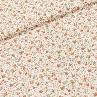 Bavlněné plátno A-311, zahradní elegance na bílé, oranžové popínavé růžičky š.150cm (látka v metráži)